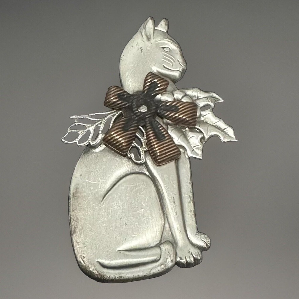 Vintage Feline Brooch Pin Silver & Copper Tone Christmas Holly